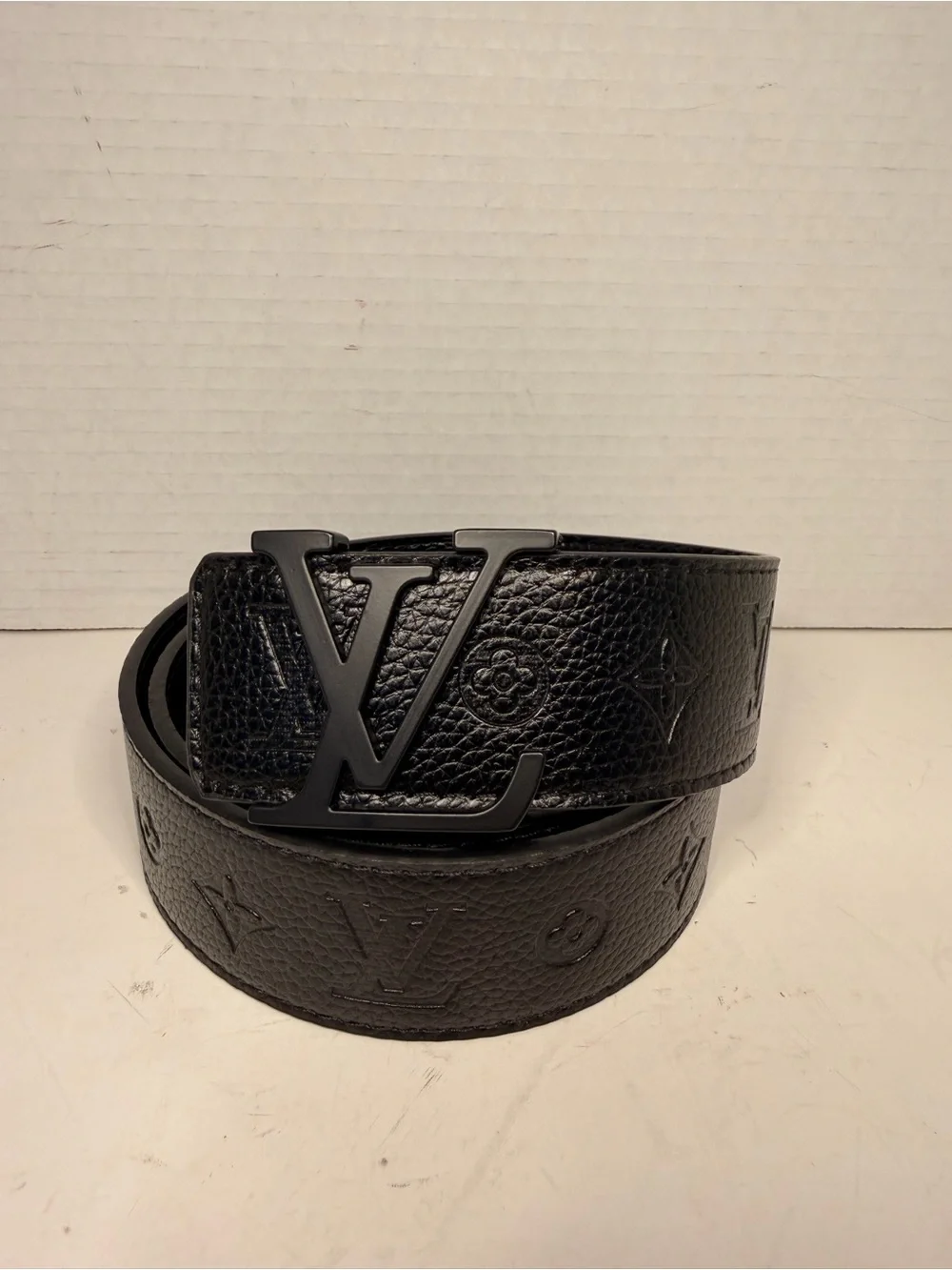 Louis Vuitton Monogram Embossed Black Leather Belt with Matte Black LV